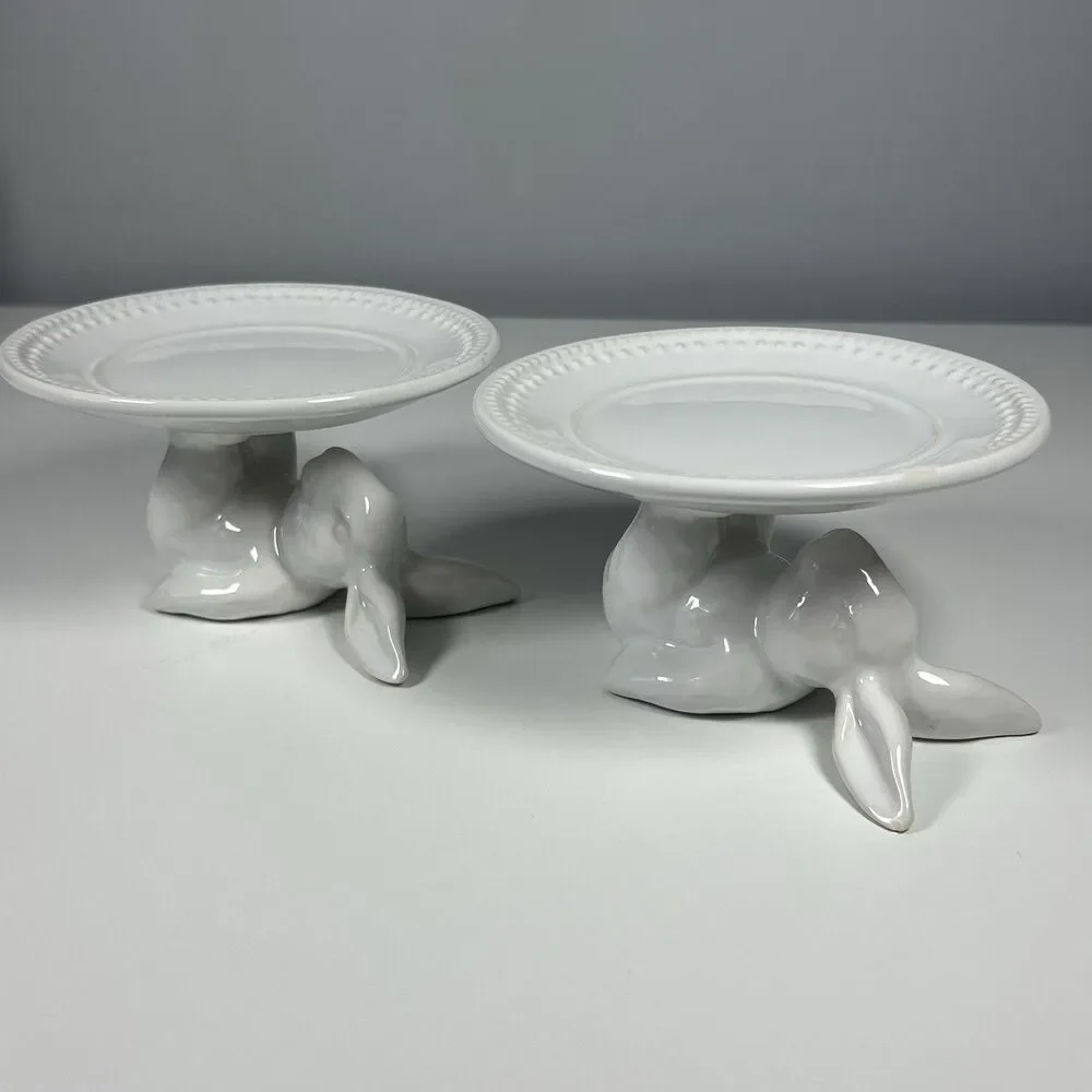Pottery Barn Easter Bunny Dessert Cupcake Stand White Glazed Stoneware Set